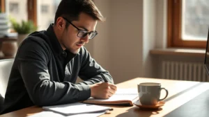 Person focused intently at a desk with notebook and coffee, morning sunlight, determined expression, no screens visible, representing dedicated practice and learning commitment