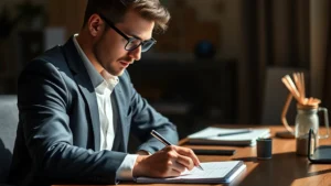 Professional in focused concentration, working intently at desk with notebook and pen, warm natural lighting, growth mindset expression, realistic photography