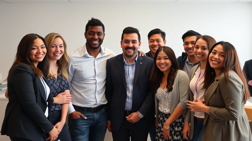 Team celebrating milestone achievement together, genuine smiles and engaged body language, diverse group dynamics, professional yet warm atmosphere, documentary-style photography