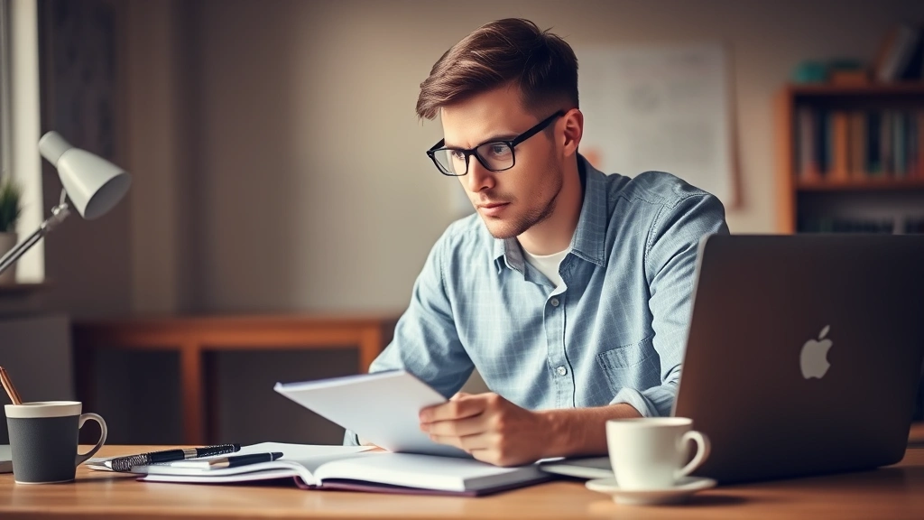 Adult learner focused intently at desk with notebook and laptop, warm lighting, coffee nearby, determined expression, professional casual setting