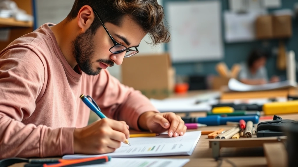 Person practicing a skill with visible concentration, hands-on activity like writing or working with tools, feedback notes visible, growth mindset visual