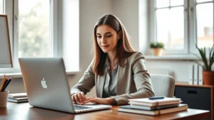 Professional woman focused at desk with laptop, natural light from window, growth mindset expression, organized workspace with notebook, warm and encouraging atmosphere