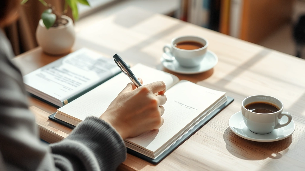 Person writing in journal with coffee nearby, thoughtful moment capturing learning reflection, bright natural lighting, calm study environment, peaceful concentration
