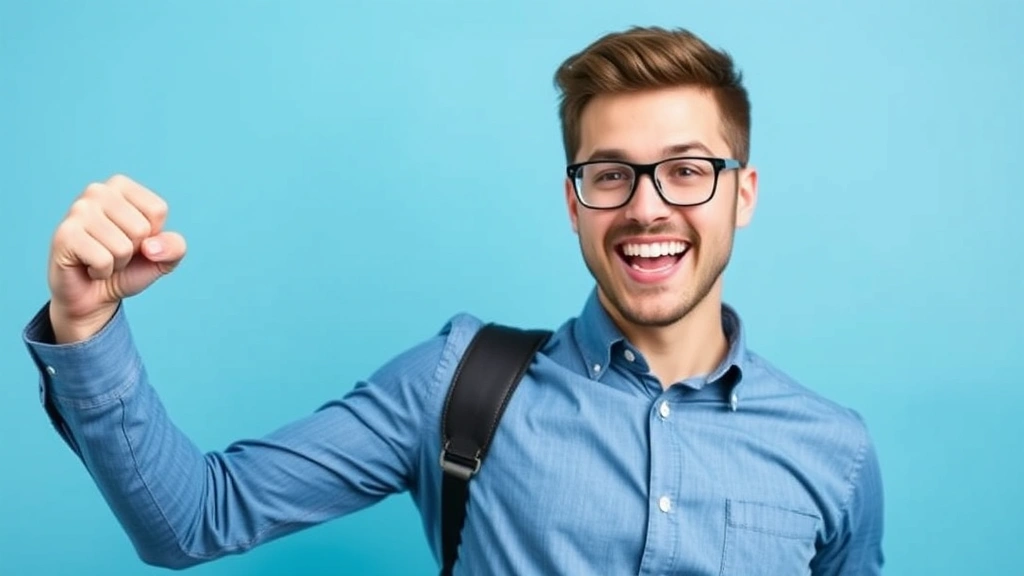 Young professional celebrating achievement with fist pump, energetic and motivated expression, bright background suggesting breakthrough moment, genuine joy and progress