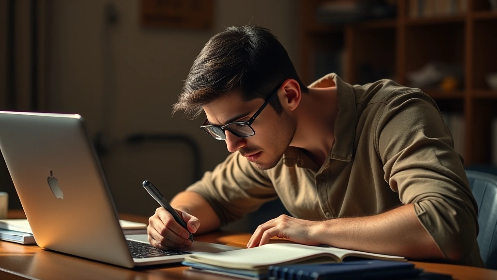 Person intensely focused at desk with notebook and laptop, warm lighting, determined expression, learning materials visible but not readable, natural workspace