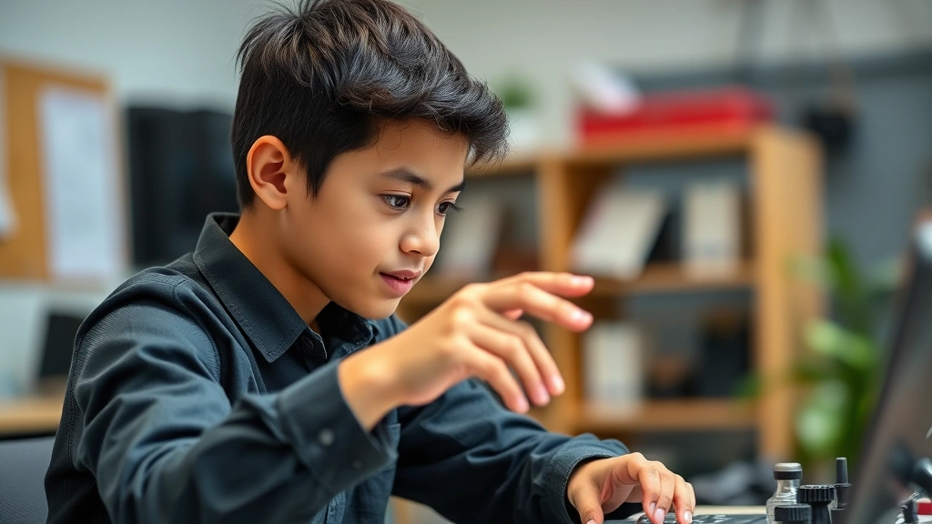 Young professional practicing a skill with focused concentration, hands actively engaged in task, growth mindset body language, encouraging but realistic atmosphere
