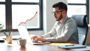 A person sitting at a desk with laptop, noticing progress on a chart with upward trending line, natural window light, focused expression, coffee cup nearby, realistic office setting