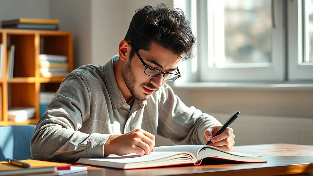 Person concentrating deeply while learning at a desk with notebook, natural daylight, focused expression, no screens visible
