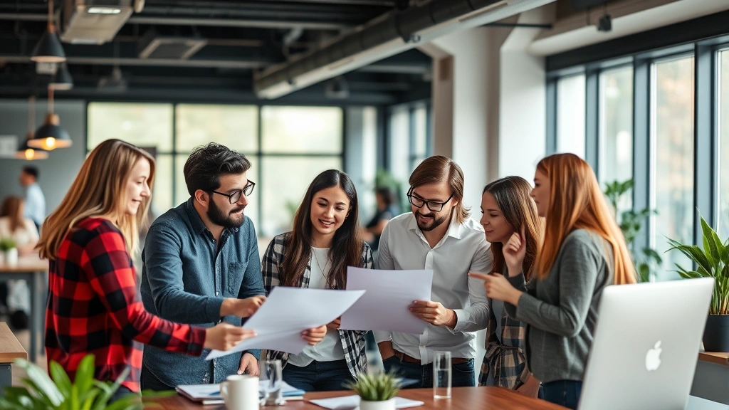 Diverse group collaborating on a project in a modern workspace, engaged in discussion, growth-oriented environment
