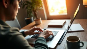 Person focused intently on a laptop screen, hands on keyboard, warm natural light from window, notebook and pen nearby, coffee cup on desk, professional home office setting