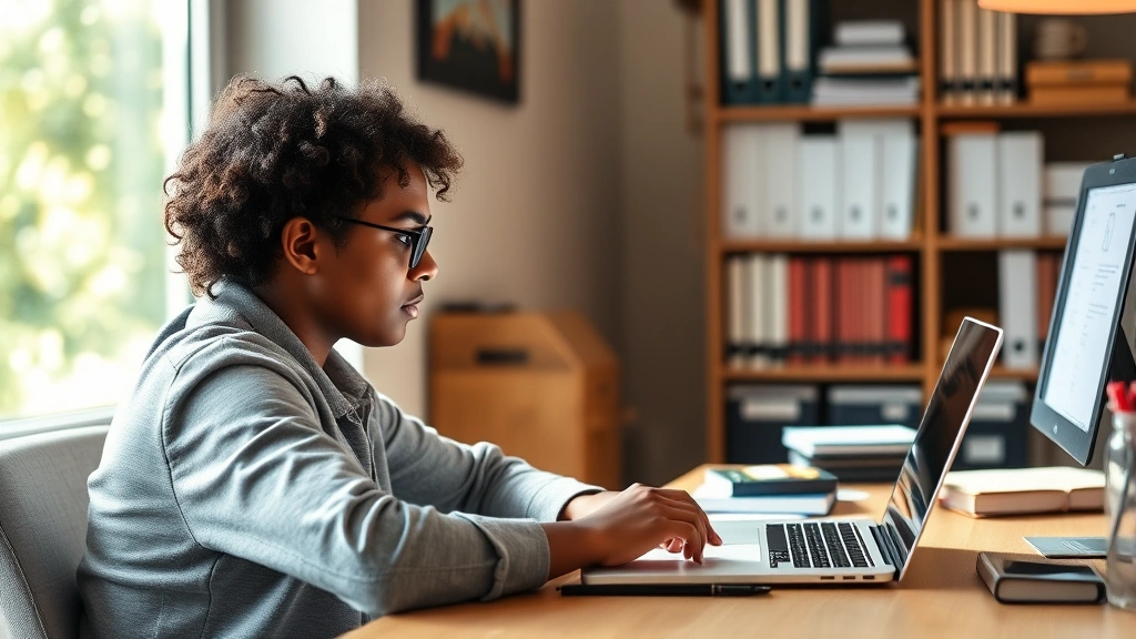Person focused at desk with notebook and laptop, natural lighting through window, learning materials organized, growth mindset expression, warm professional environment