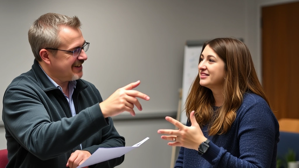 Two people in collaborative learning moment, one explaining concept to other, engaged body language, whiteboard or sketches visible in background, encouraging atmosphere