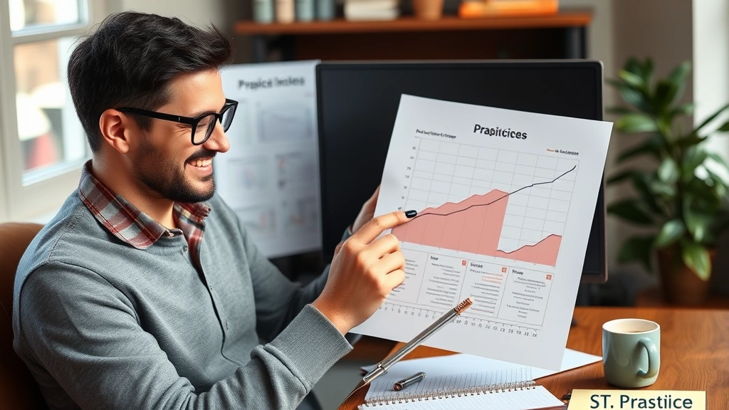 Individual reviewing practice notes and progress chart, satisfied expression, coffee cup nearby, cozy workspace, evidence of consistent work and improvement tracking