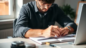 Professional adult sitting at desk with notebook, intensely focused on learning task, natural lighting, showing deep concentration and engagement