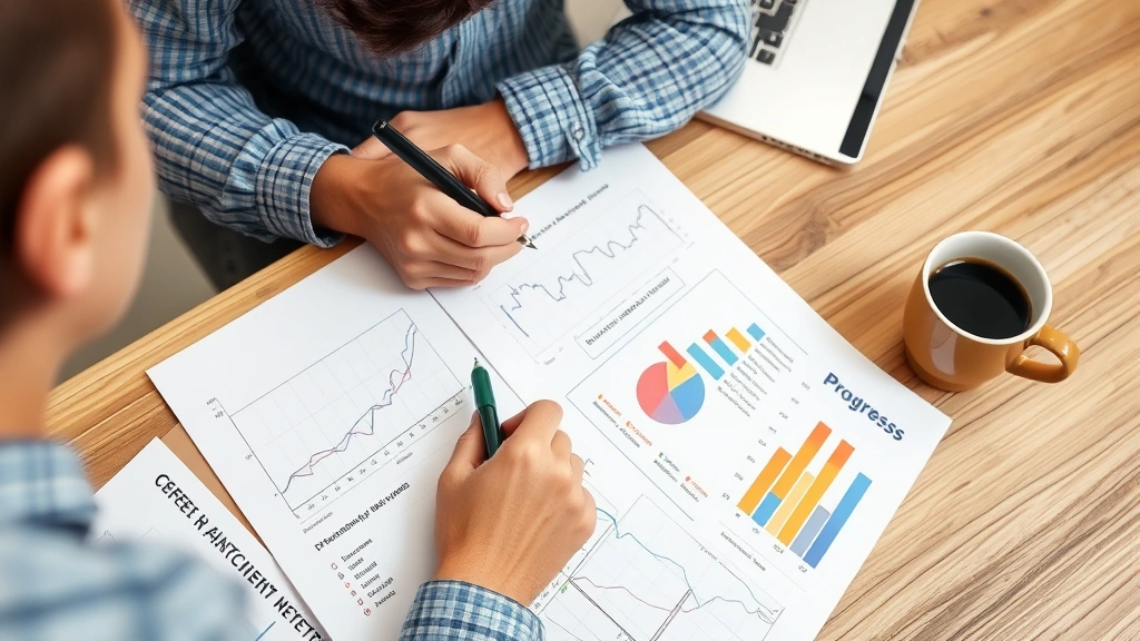 Person reviewing handwritten notes and progress charts, analyzing data with determined expression, coffee cup nearby, growth-oriented workspace