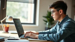 Young professional at desk practicing coding on laptop, focused expression, natural lighting from window, notebook with handwritten notes visible