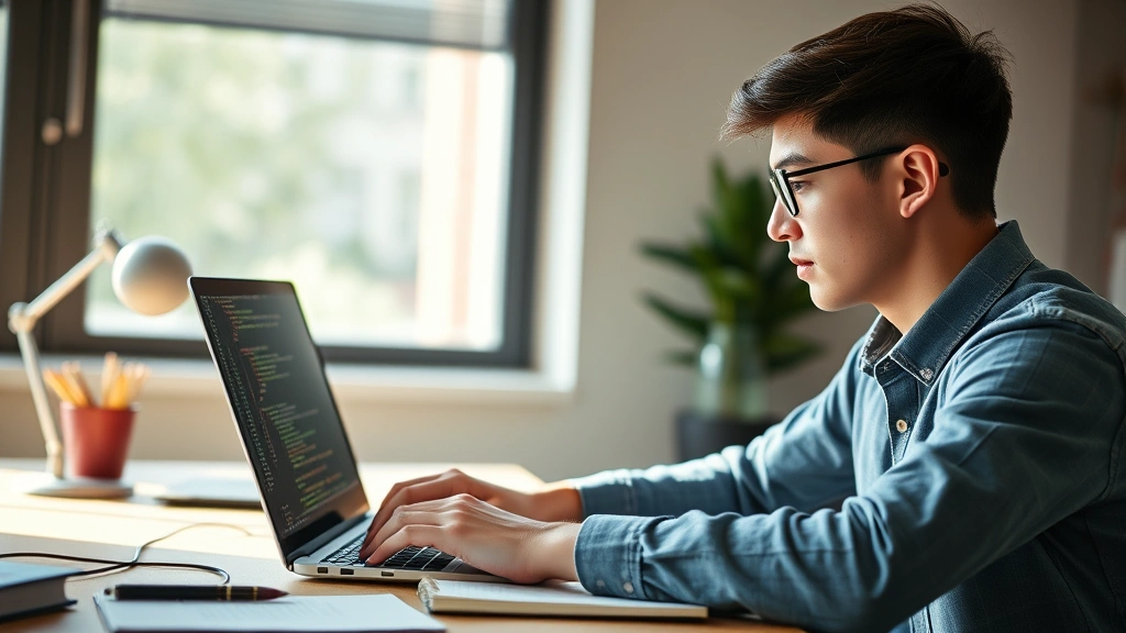 Young professional at desk practicing coding on laptop, focused expression, natural lighting from window, notebook with handwritten notes visible