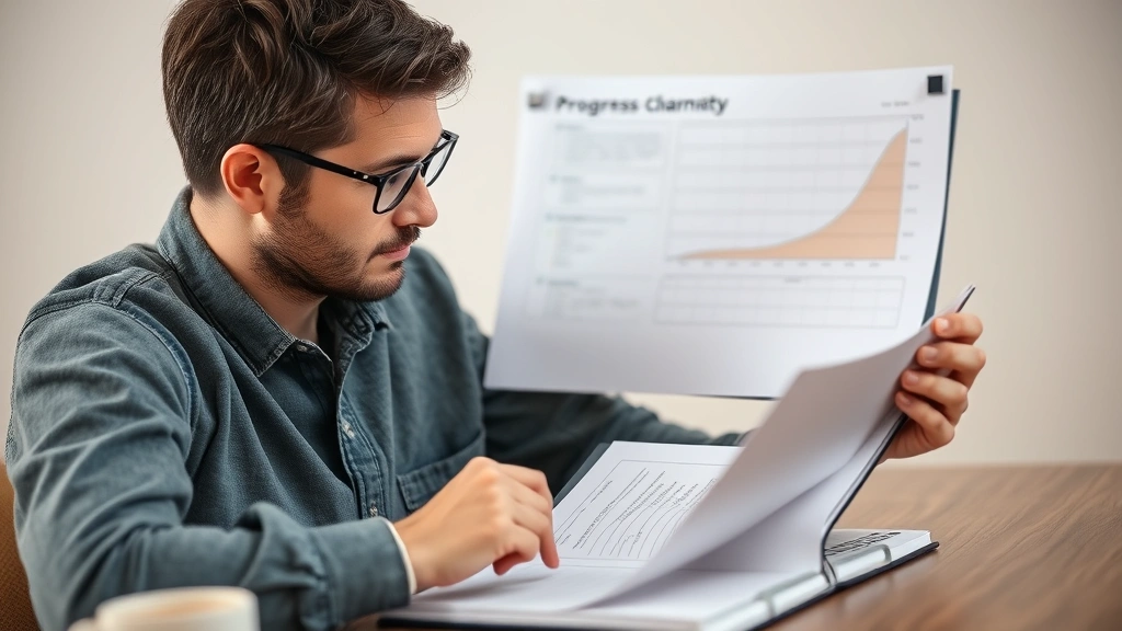 Person reviewing their progress chart or journal, reflecting on learning journey, cup of coffee nearby, calm and determined expression