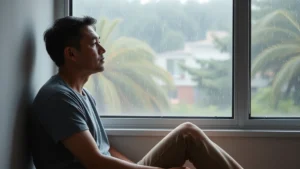 Person sitting peacefully by a window after rainfall, looking thoughtful and calm, natural light streaming in, representing mental clarity after difficulty