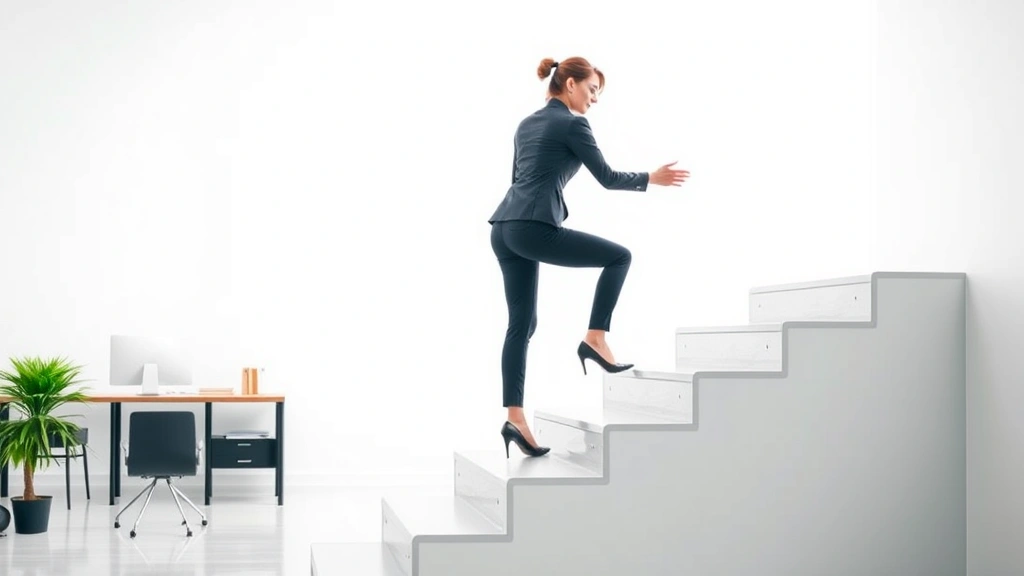 Professional woman climbing stairs with determination, strong posture, bright workspace background, symbolizing gradual progress and moving forward