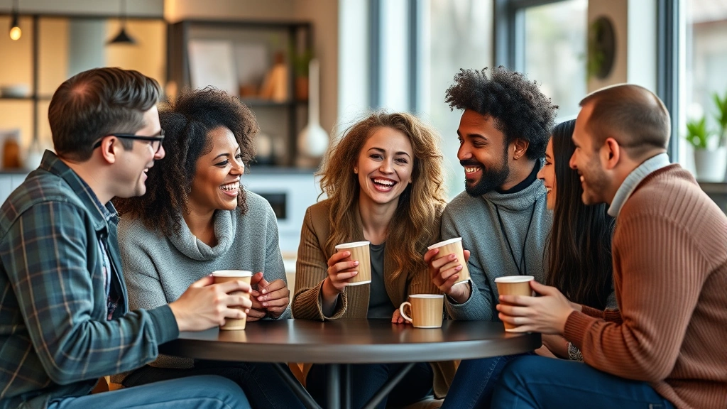 Diverse group of people having coffee together laughing, warm indoor setting, representing genuine human connection and support systems