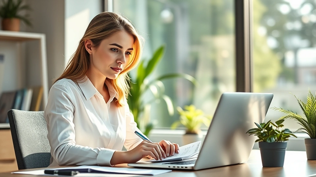 Professional woman at desk focused on laptop, taking notes, morning light through window, determined expression, growth concept