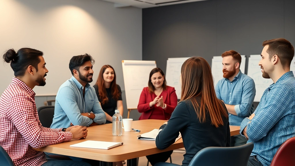 Diverse group in casual meeting space discussing and collaborating, whiteboards in background, engaged body language, feedback and growth