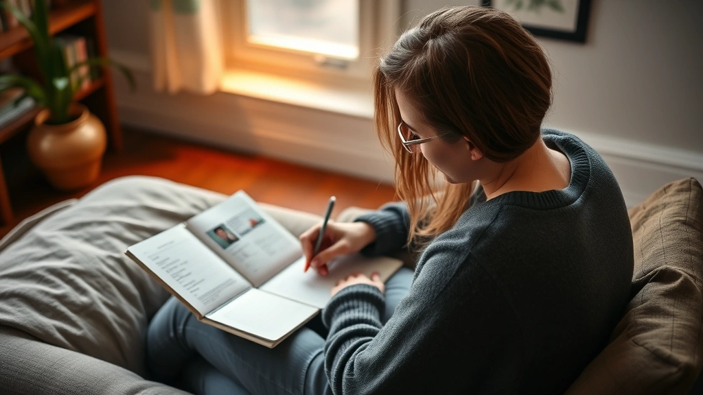 Someone reviewing their progress—journaling, looking at before-and-after examples, or reflecting on notes—calm, purposeful atmosphere showing self-assessment and growth awareness