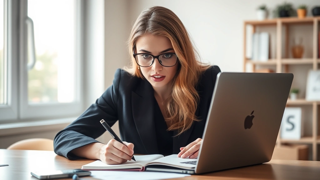 Professional woman intently focused on laptop, notebook with handwritten notes visible, natural lighting from window, growth-focused workspace, determined expression