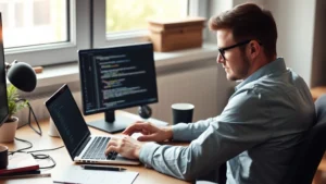 Person focused at desk writing code on laptop with coffee, natural window light, determined expression, modern workspace