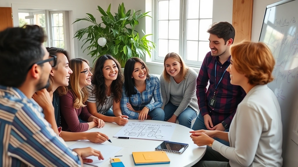 Diverse group in casual setting having animated discussion around whiteboard with sketches, collaborative learning moment, natural lighting