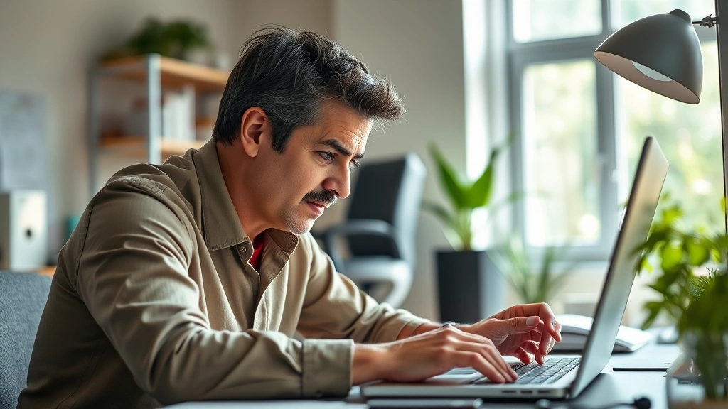 Professional focused intensely on skill practice at desk, hands visible working on task, concentrated expression, natural workspace lighting, growth-oriented atmosphere
