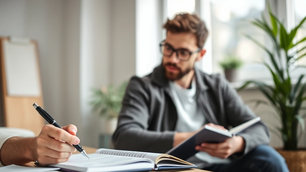 Person in focused practice session taking notes, notebook and pen visible, thoughtful concentrated expression, natural lighting, modern clean workspace
