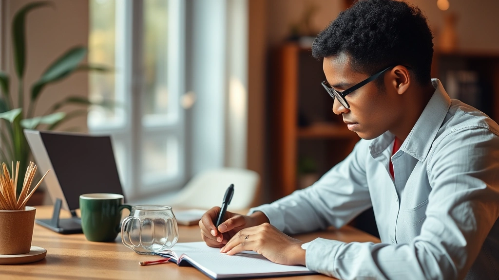 Individual reviewing progress notes and journal reflectively, warm lighting, coffee nearby, growth mindset environment, professional development focus