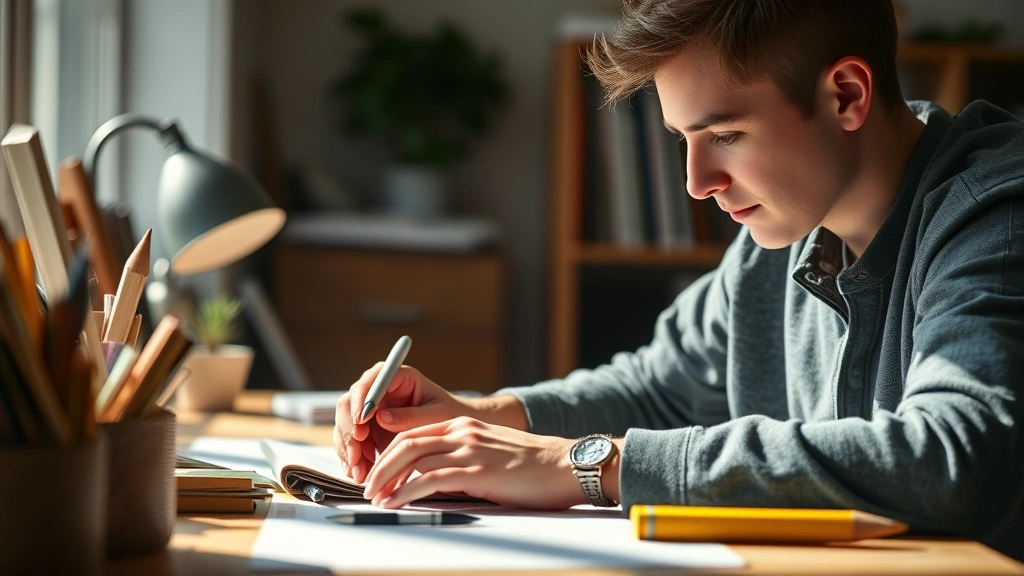 Person focused intently at desk learning, hands actively engaged with materials, warm natural lighting, growth visible in their expression