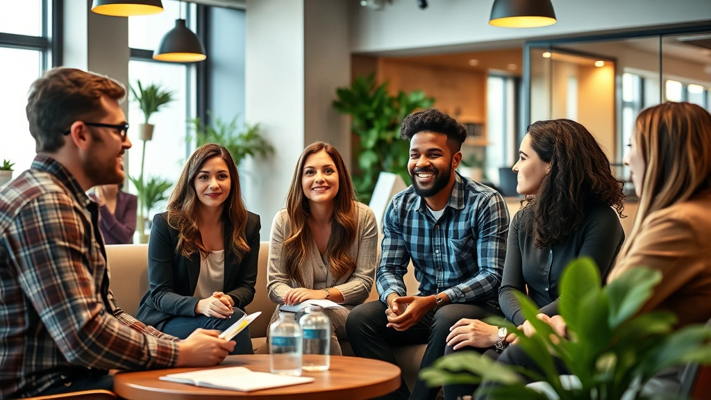 Group of diverse professionals in casual meeting setting having discussion, one person speaking while others listen attentively, collaborative energy, warm lighting