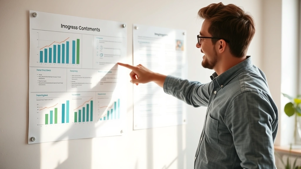 Person reviewing notes and progress chart on wall, pointing at improvements, satisfied expression, morning light, real workspace environment