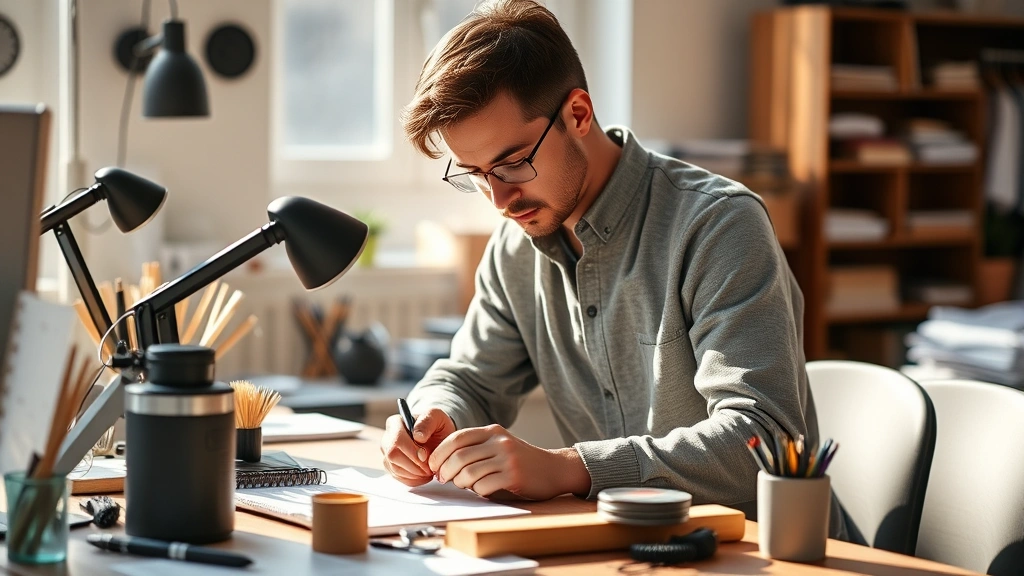 A focused person practicing a skill at a desk with materials around them, natural morning light, calm professional workspace, genuine concentration