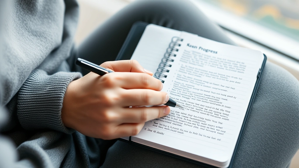 A person reviewing their progress through notes or journaling, reflecting on growth, peaceful moment of self-assessment, notebook and pen visible but not text-focused