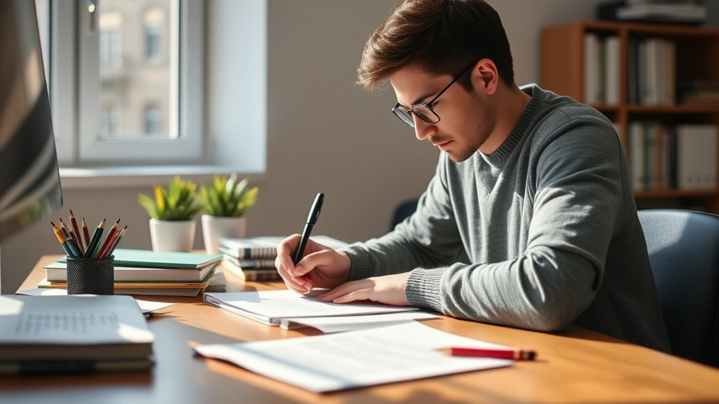 A person intently focused at a desk with learning materials, pen in hand, mid-note-taking, natural morning light from a window, calm workspace environment