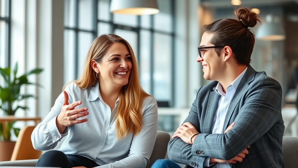 Two professionals in a casual mentoring conversation, one gesturing while explaining something, both engaged and smiling, bright modern office or coffee shop setting