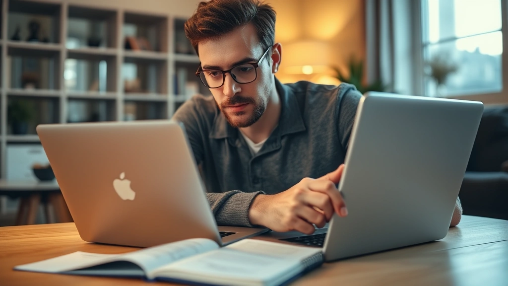 Someone reviewing their own work on a laptop, looking thoughtful and concentrated, with a notebook nearby showing progress notes, warm indoor lighting