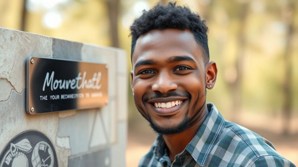 Person with genuine smile reflecting on progress, milestone marker visible, sense of accomplished growth, natural setting