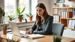 Professional woman in focused concentration at desk with laptop and notebook, natural daylight from window, warm inviting workspace with plants, genuine learning moment