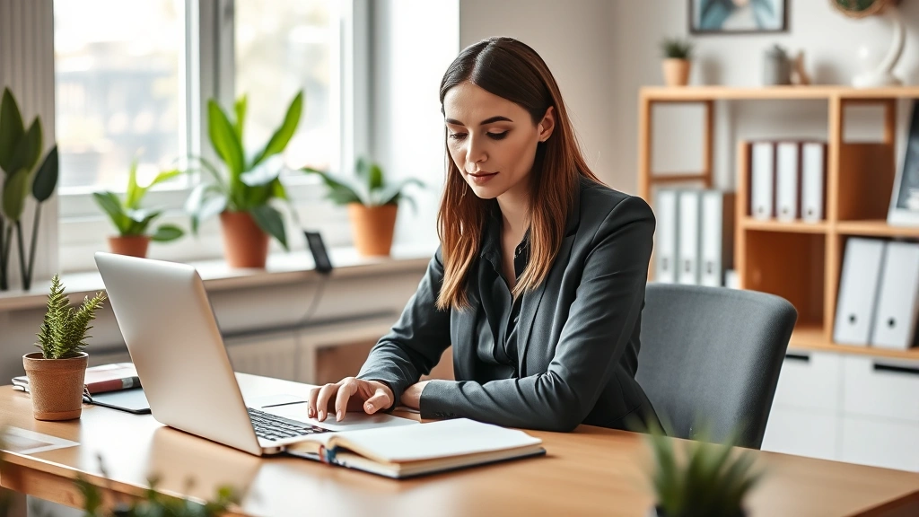 Professional woman in focused concentration at desk with laptop and notebook, natural daylight from window, warm inviting workspace with plants, genuine learning moment