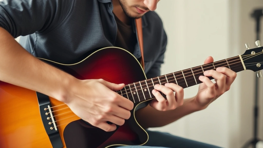 Person practicing guitar with focused intensity, hands on strings mid-play, natural studio lighting, showing active skill development and deliberate practice