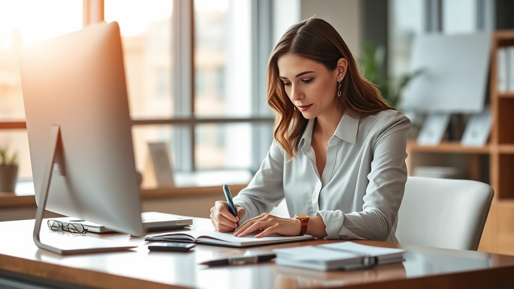 Professional woman in modern office taking notes at desk, focused and determined, natural lighting, warm tones