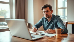 Person sitting at wooden desk with notebook, coffee cup, and laptop, natural sunlight from window, focused expression, modern workspace, warm lighting, hands visible taking notes