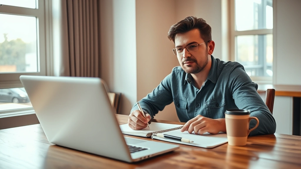 Person sitting at wooden desk with notebook, coffee cup, and laptop, natural sunlight from window, focused expression, modern workspace, warm lighting, hands visible taking notes
