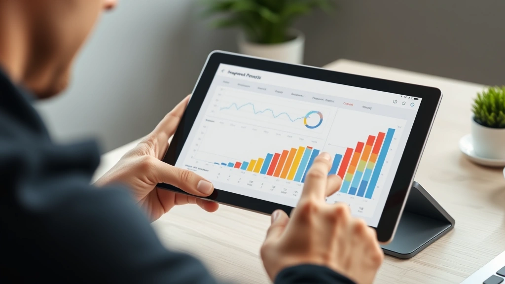 Person reviewing progress chart on tablet with satisfied expression, growth visualization, productive workspace setting